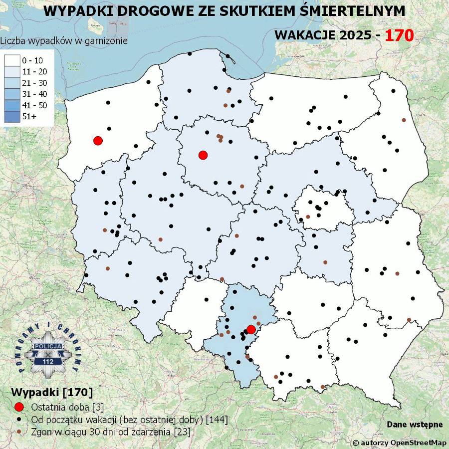 Mapa prezentująca liczbę wypadków poprzedniej doby w Polsce. Prezentowane dane są dostępne w tekście poniżej.