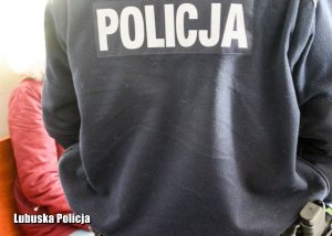 napis policja na bluzie policjanta, w tle zatrzymana