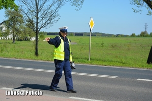 Funkcjonariuszka wskazuje kierującemu kierunek zjazdu z drogi