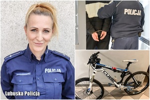 połączone trzy zdjęcia, policjantka, rower i policjant prowadzący zatrzymanego