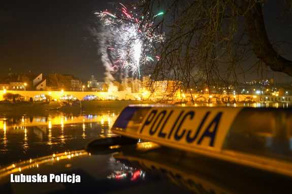 napis policja na radiowozie, w tle miasto nocą