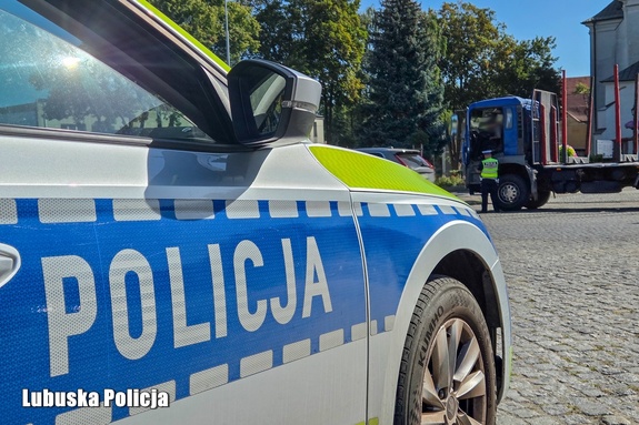 napis policja na radiowozie, w tle policjant kontroluje kierowcę ciężarówki